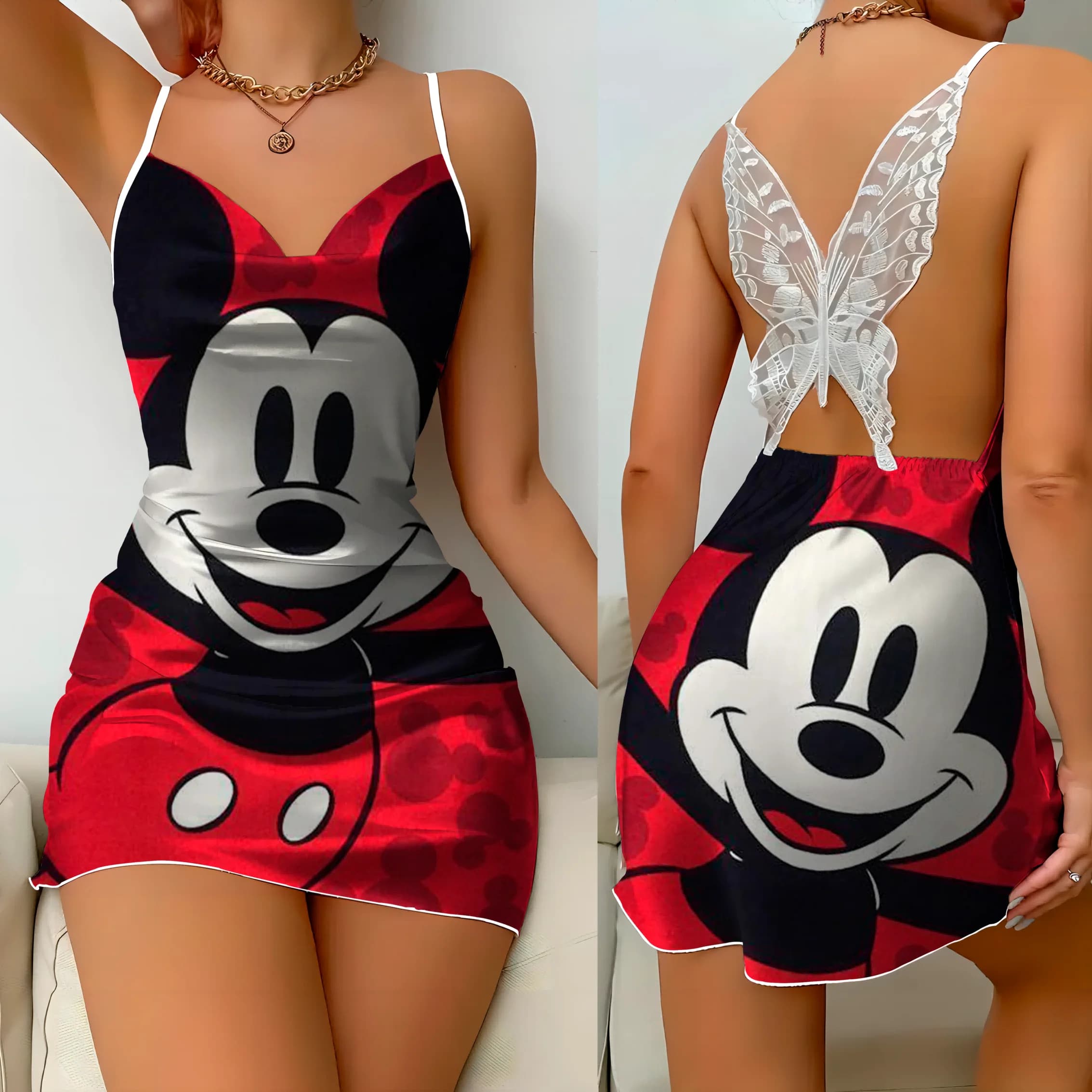 Elegant Dresses for Women Pajama Skirt Satin Surface Lace Dress Bow Knot Disney Minnie Mouse Mickey Womens Fashion Summer 2024