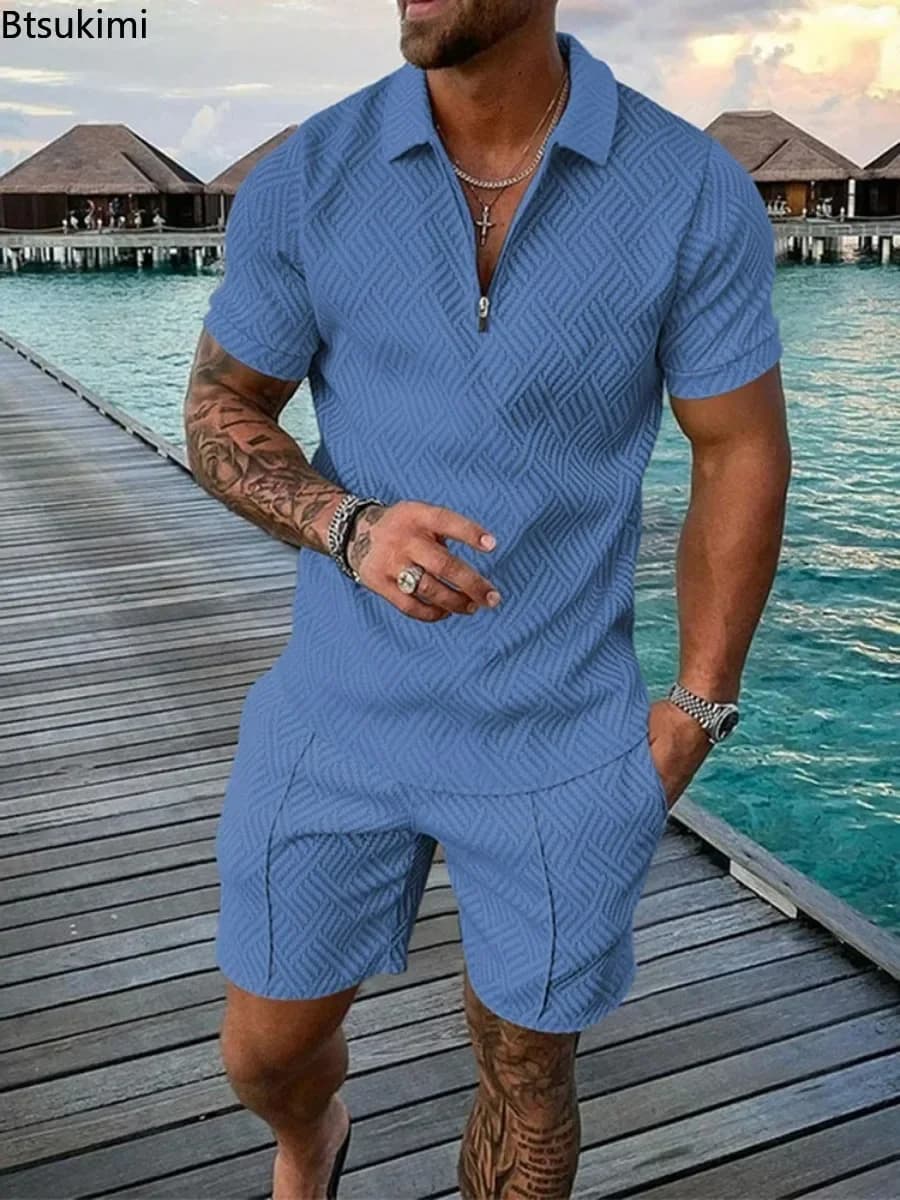 New 2025 Men's Polo Suit Fashion Men Sets Solid Summer V-neck Zipper Short Sleeve POLO Shirt+Shorts Two Pieces Men Casual Suit