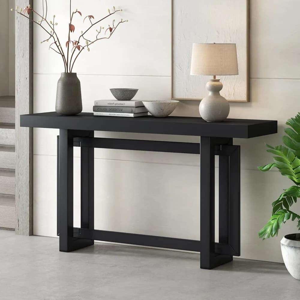 Wood Entryway Console Table, Modern Line Frame with Industrial Concrete Top, for Living Room/Hallway/Foyer