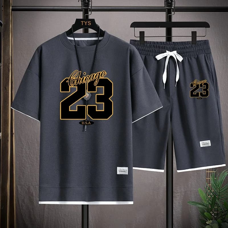 High Quality Men's Korea Comfortable and Summer Fashion Print Sports Suit Fitness Jogging Daily Casual Wear Beach Shorts Set