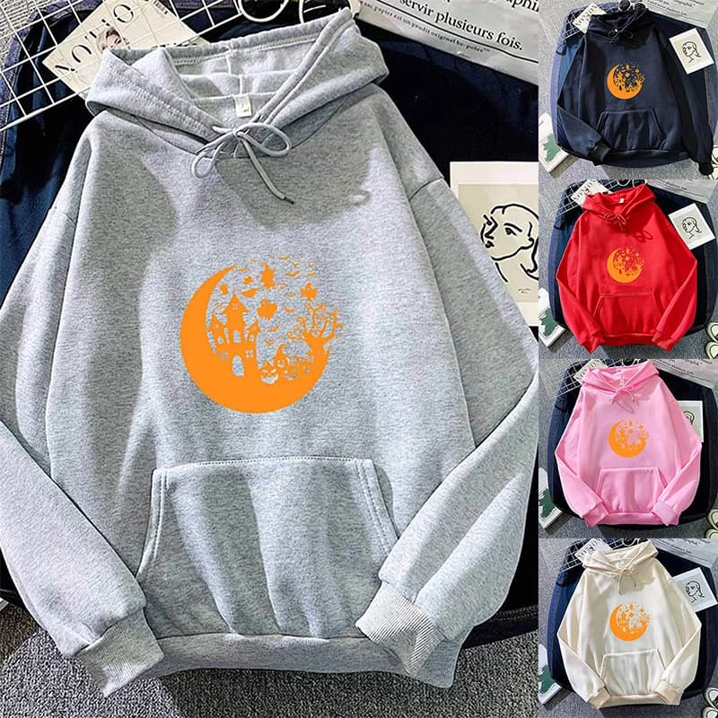 2024 Autumn Hoodie Women's Casual Hooded Sweatshirt Creative Hoodie Matching Streetwear Halloween Castle Pattern Monogram Hoodie