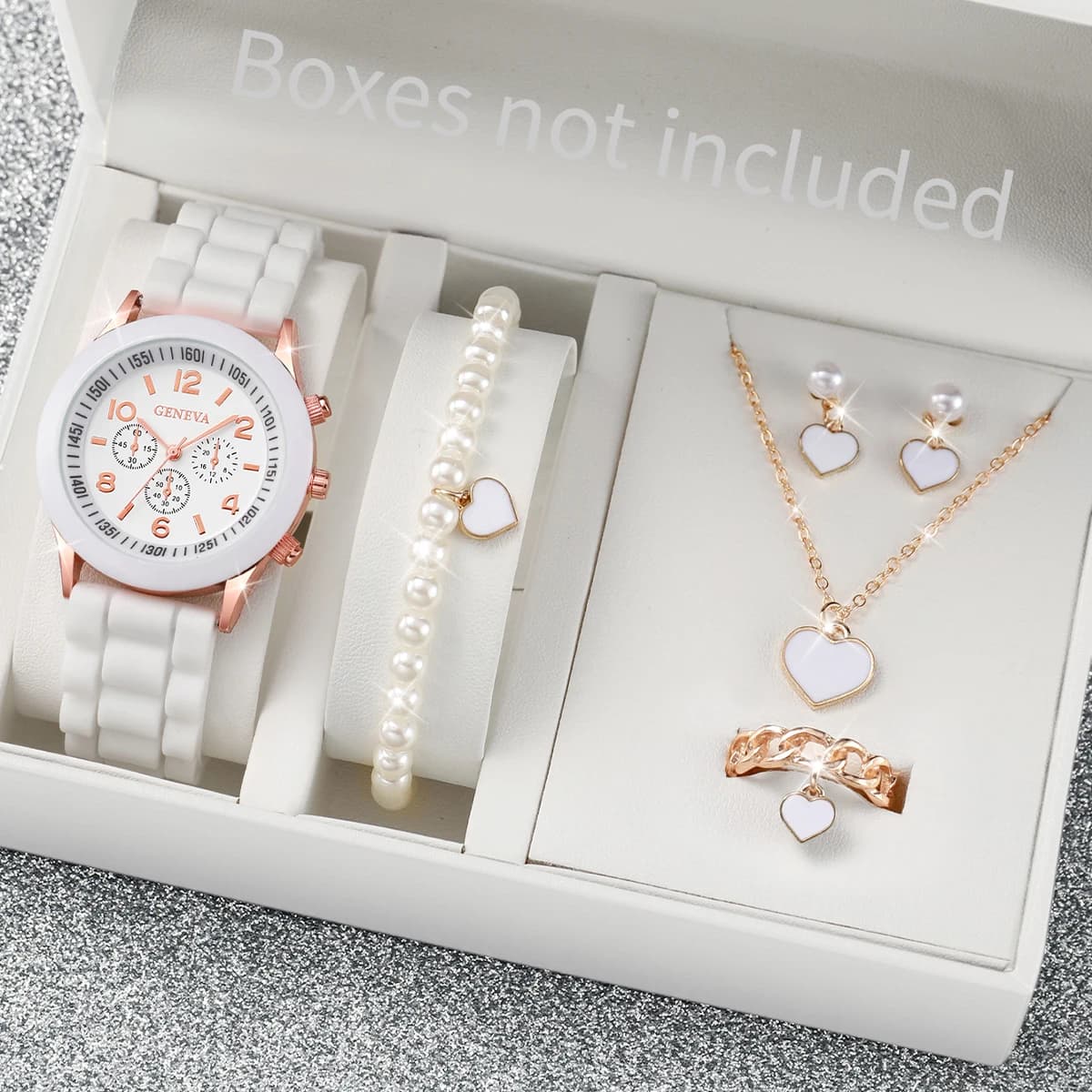 6PCS/Set Women's Watches Casual Silicone Band Analog Quartz Watch Heart Pearls Jewelry Set(Without Box)