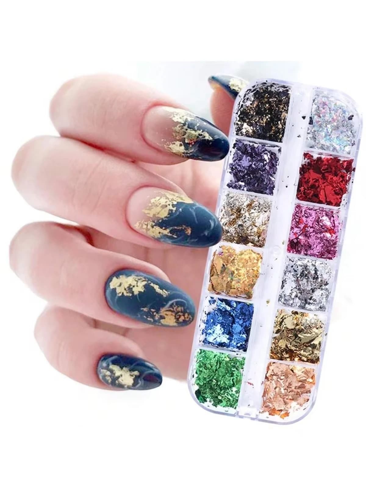 12 Color Foils Gorgeous Nails Glitter Aluminum Flakes Chip Nail Design Shiny Kismis Nail Art Decoration, 1 Box