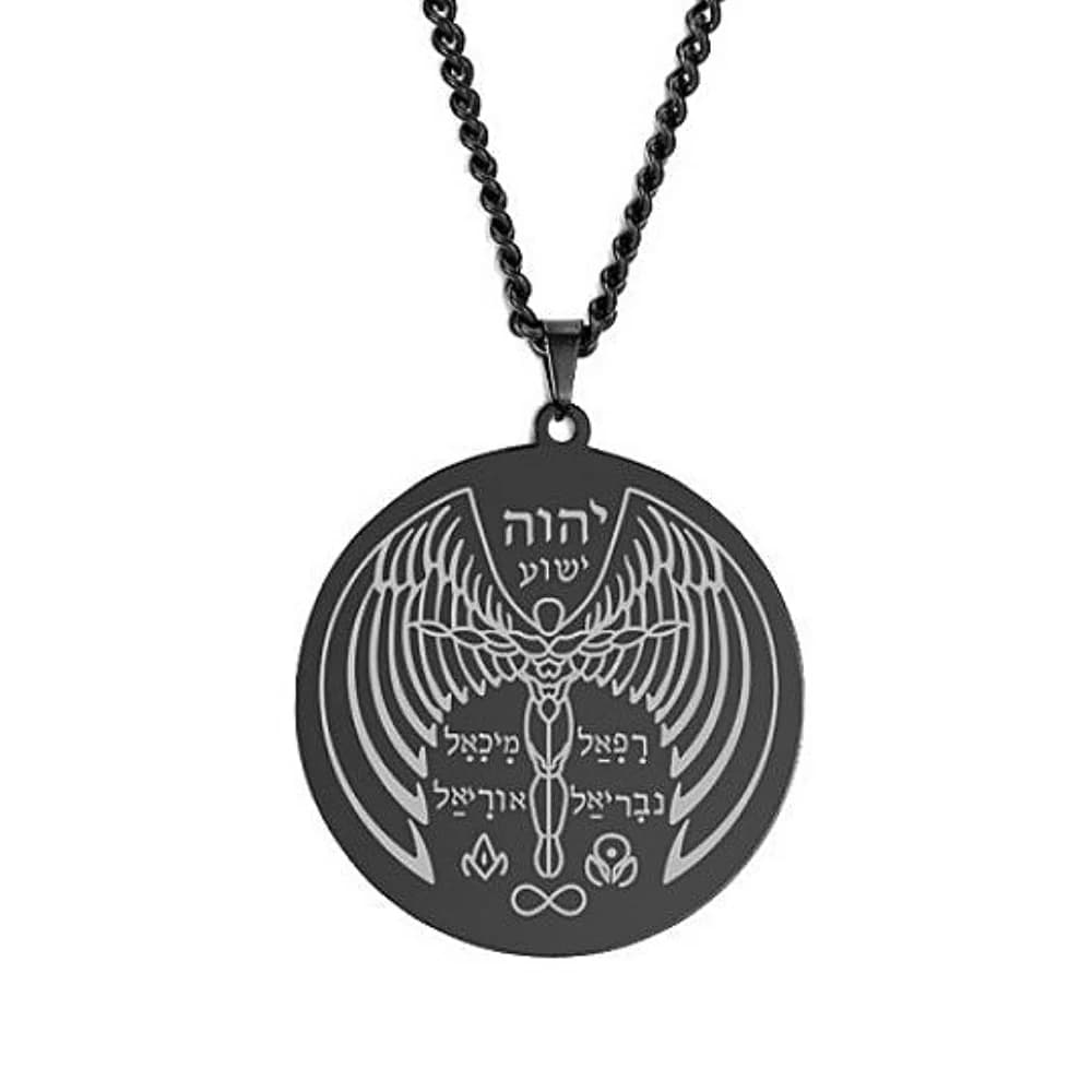 Vintage Human Wing Words Pattern Round Pendant Necklace for Men Boys Fashion Jewelry