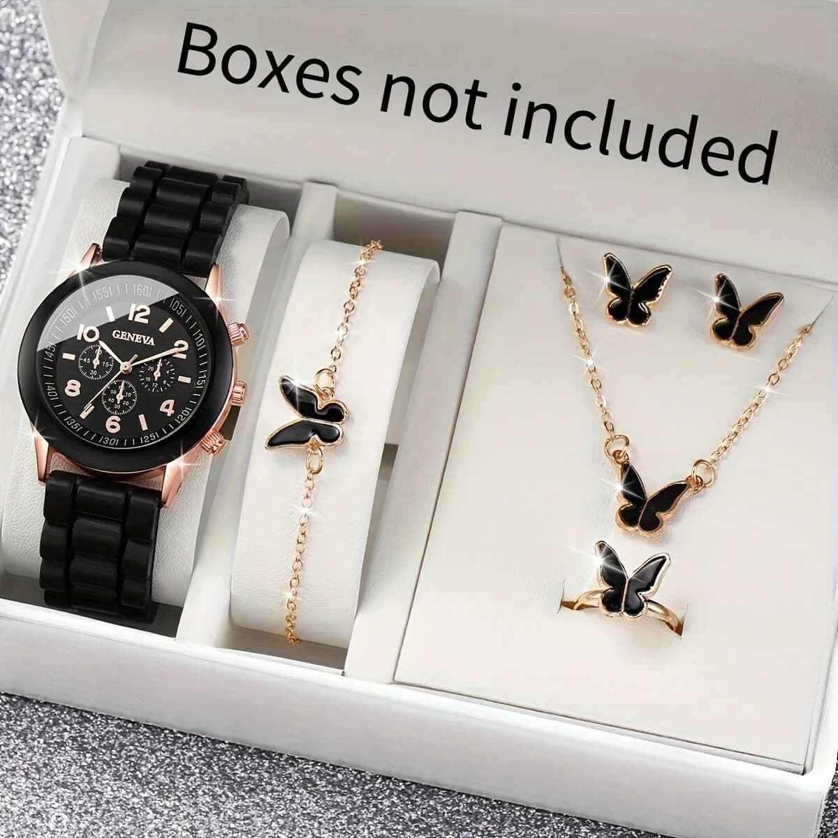 5/6PCS Women's Watch Casual Silicone Band Quartz Watches Butterfly Jewelry Set(Without Box)