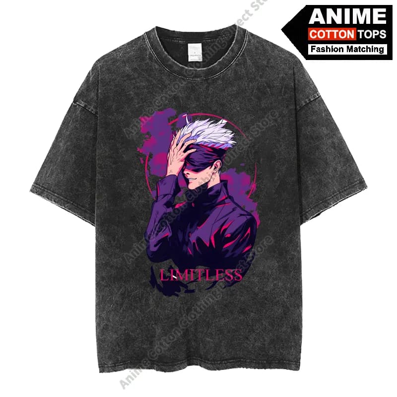 Satoru Gojo Anime Peripheral Clothing T Shirt Cotton Washed Vintage Oversized T-shirt y2k Harajuku Casual Unisex Loose Tees Tops