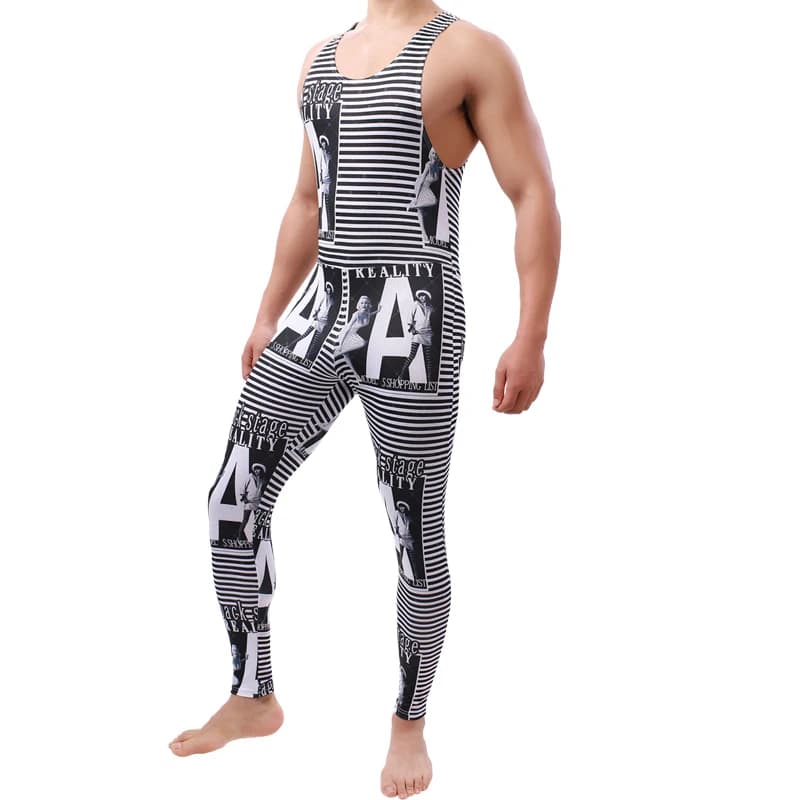 Men Undershirts Bodysuit Printed Fun Fitness Jumpsuit Breathable Sexy Bodysuit Undershirt Home Wear Leotard Underwear