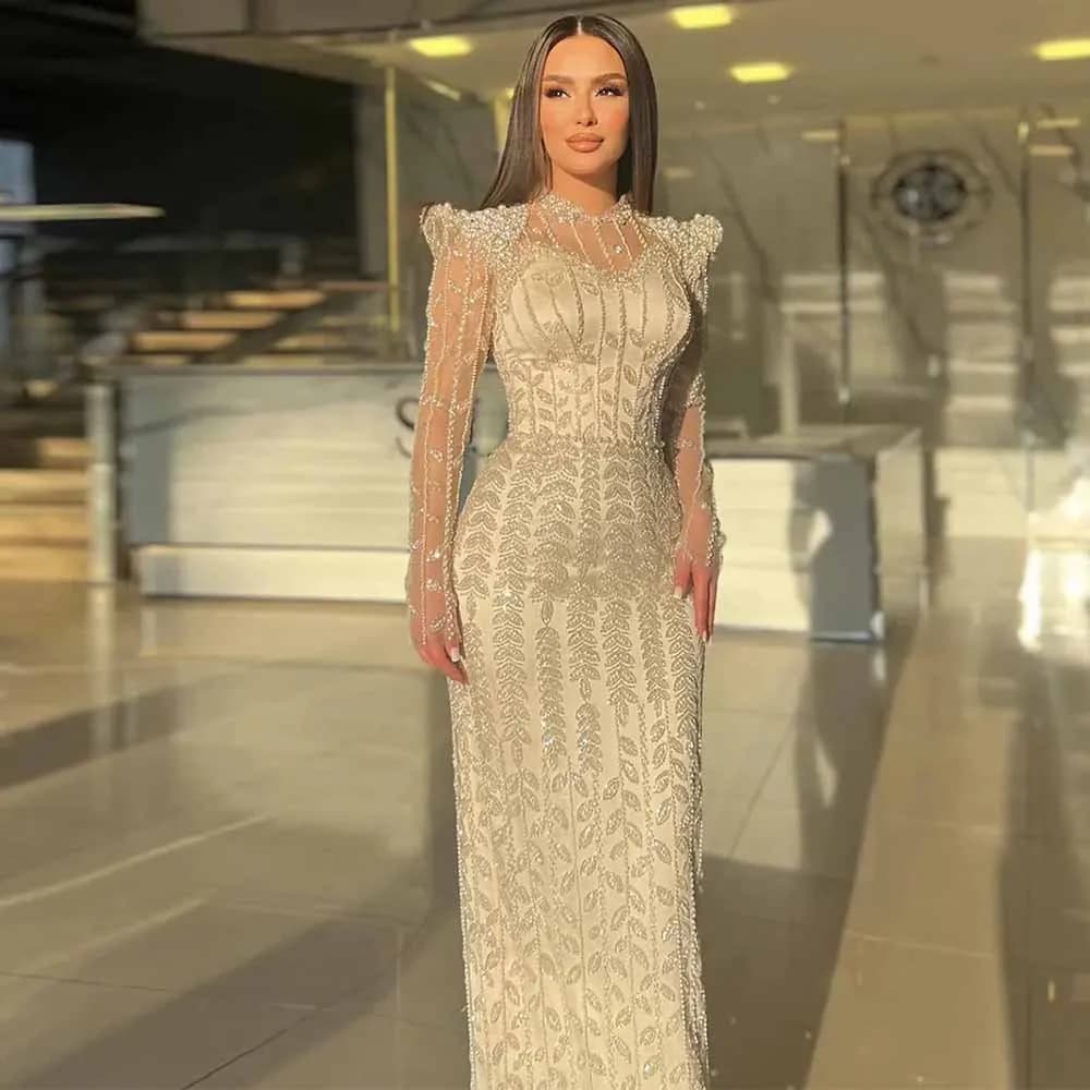Luxury Evening Dresses 2025 Saudi Arabia Satin Sheath/Column Prom Gown Ivory O-Neck Pearls Beads Celebrity Dress Long