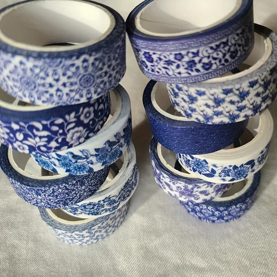 Blue & White Washi Tape Set; Pretty Chinoiserie Designs; 12 Rolls! Decorative Tape; Journaling, Scrapbooking