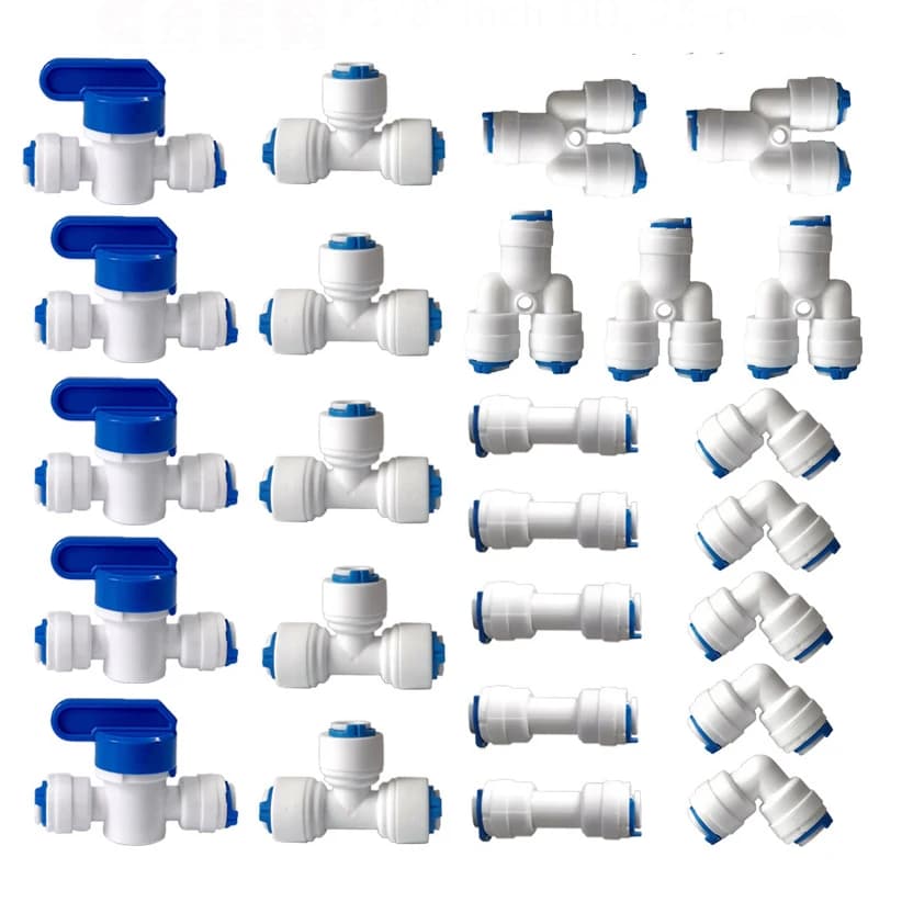 1/4" 3/8" O.D. Quick Connect Push In RO Water Tube Straight Tee Elbow Ball Valve Fittings Kit 10. 25 PACK