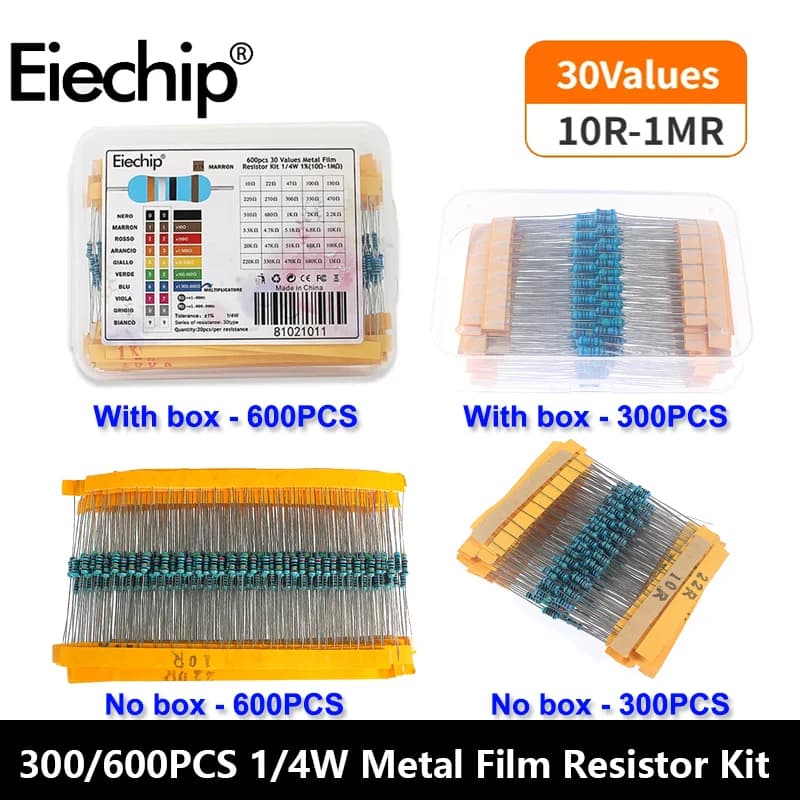 300/600pcs 1% Resistor Set Resistance 1/4W Metal Film Resistors Kit 10Ohm ~1M Ohm 30Values Electronic Components Kit