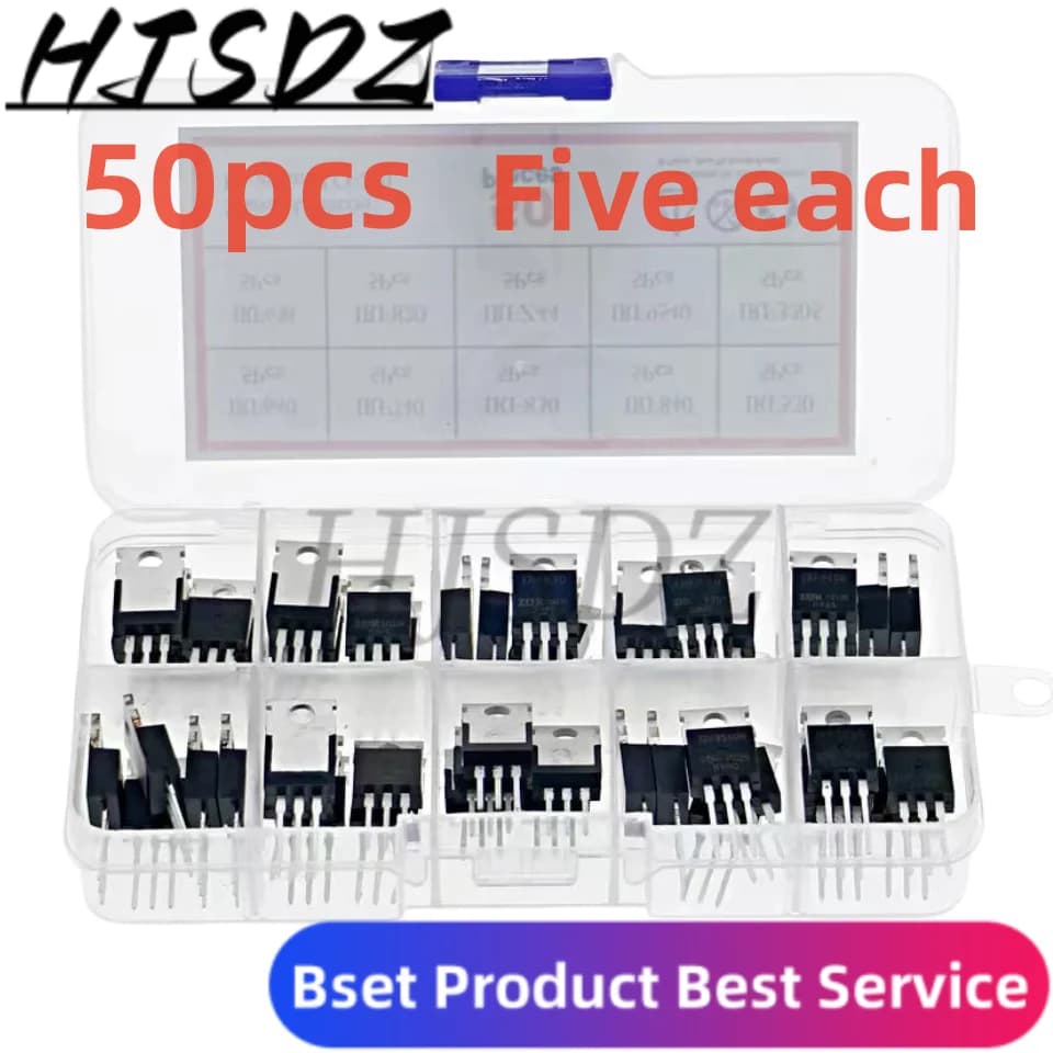 50pcs 10 Types Mosfet Transistors Assortment Kit IRF640 IRF740 IRF830 IRF840 IRF530 IRF630 IRF820 IRFZ44 IRF9540 IRF3205 Series