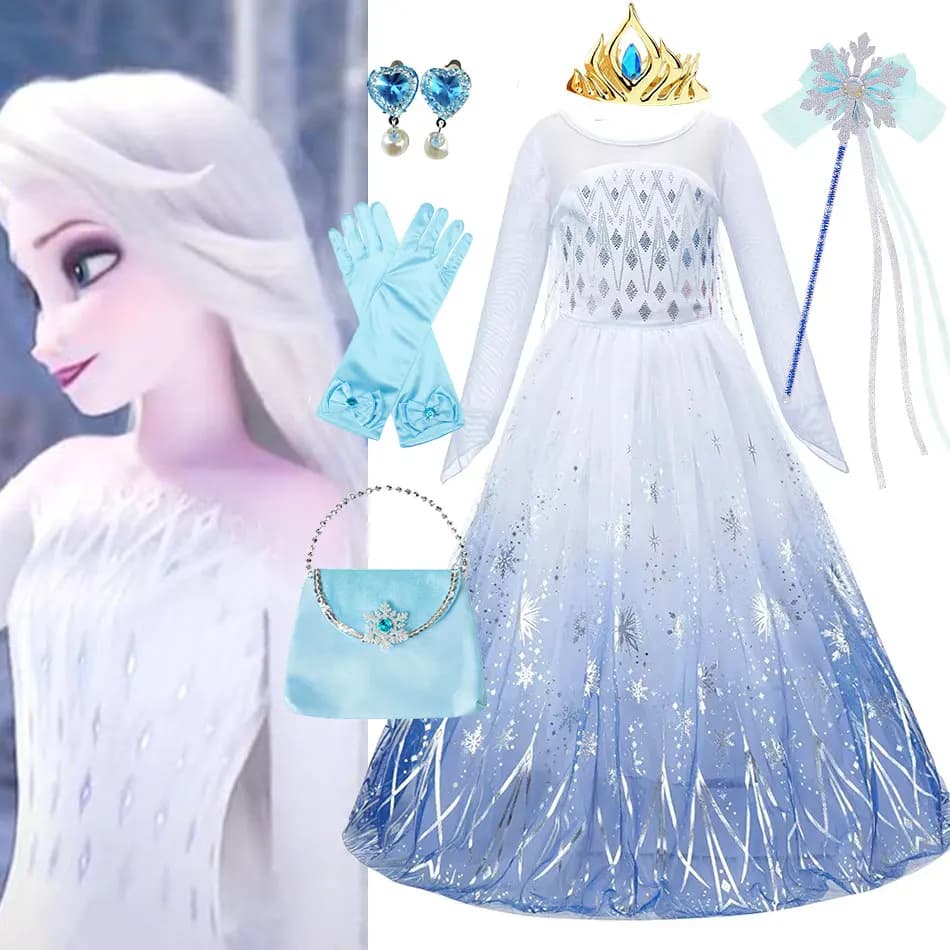 4 6 8 10 Yrs Kid White Elsa Role Play Christmas Dress Festival Frozen Snow Queen Princess Clothing Frock Girls B-day Party Gown