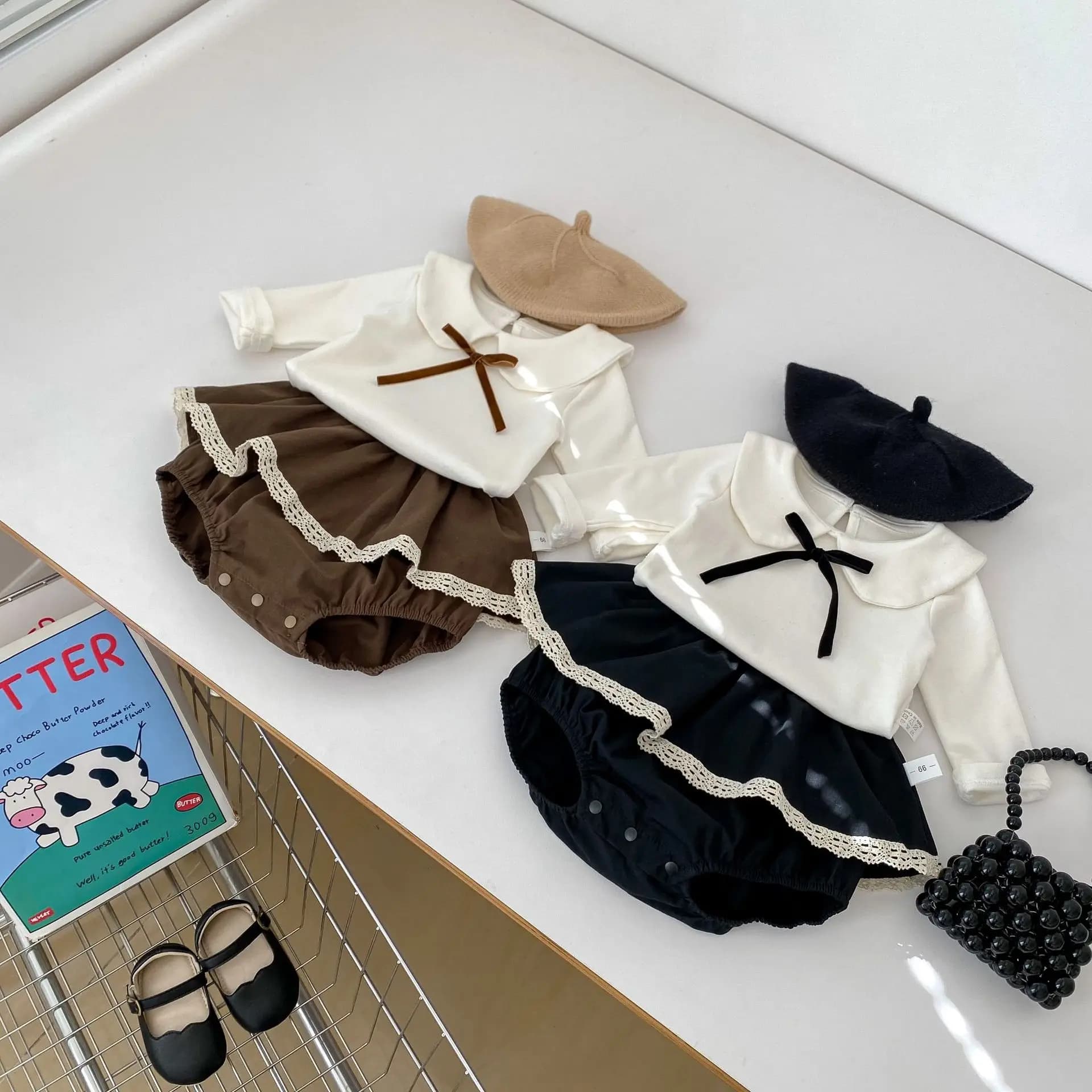 2024 Autumn New Baby Girl Long Sleeve Clothes Set Infant Solid Lapel Shirts Sweet Girl Shorts Suit Toddler Outfits