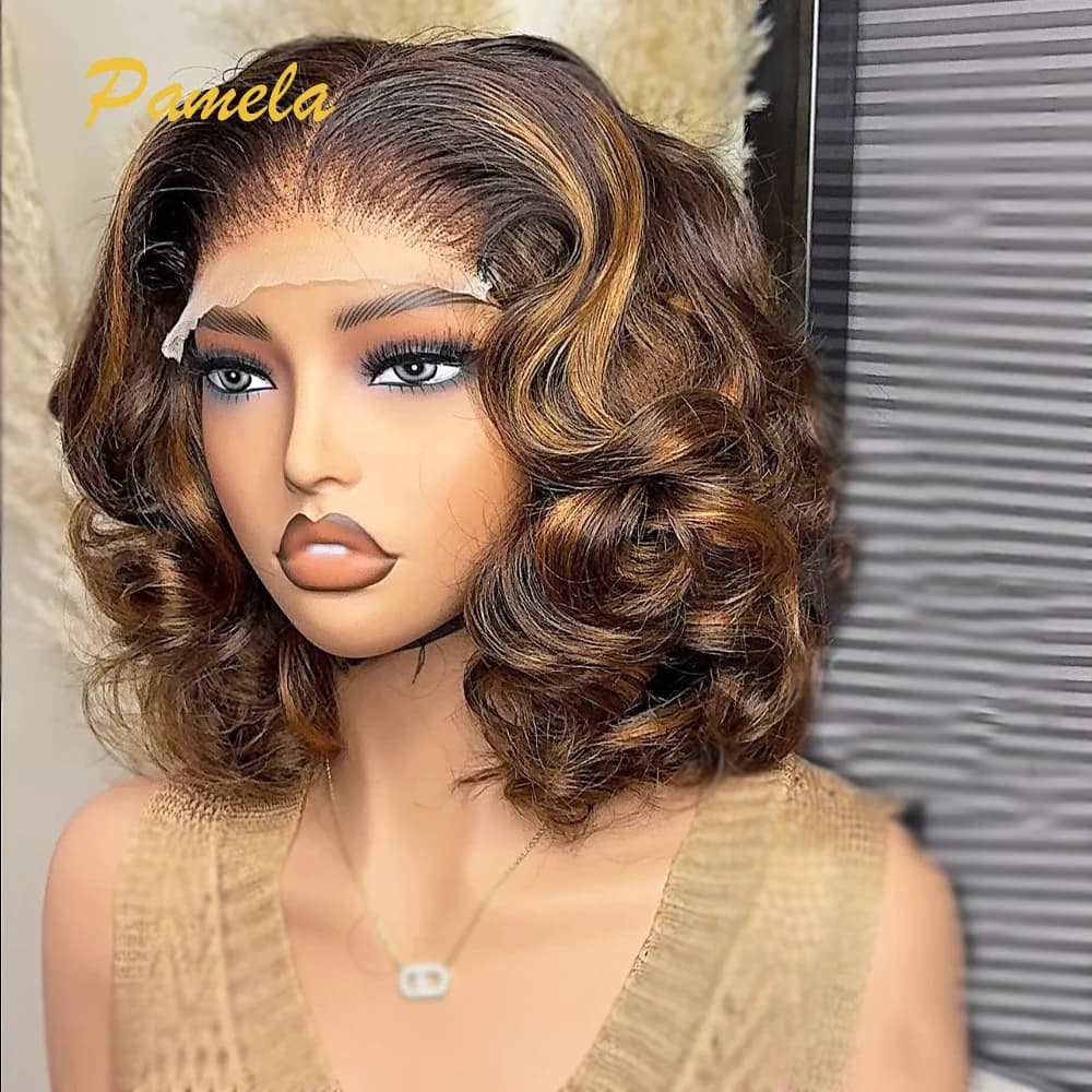 Ombre Blonde Short Bob 4x4 Glueless Human Hair Wigs 13x4 Transparent Lace Frontal Wigs Brown Loose Deep Wave Bob For Women