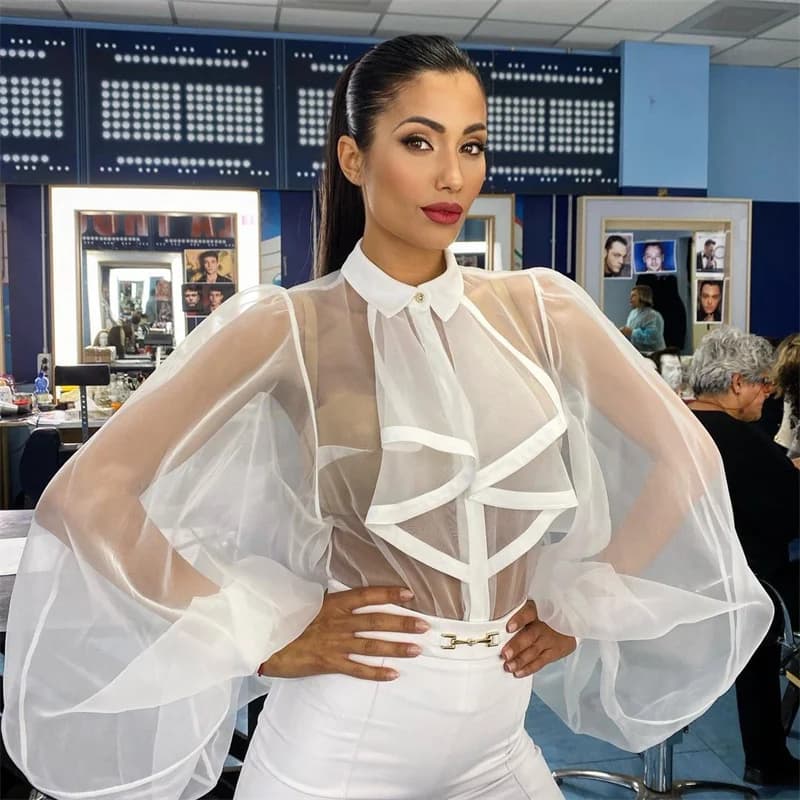 2025 See Through Women Blouse Shirts Lantern Sleeve Ruffles Fashion Crop Top Button Up Sexy Party Club Body Tops Female