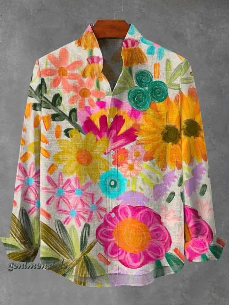 2025 Spring and Autumn Men's Fashion Stand collar Linen Long sleeved Shirt Elegant Fragmented Pattern Printed Top