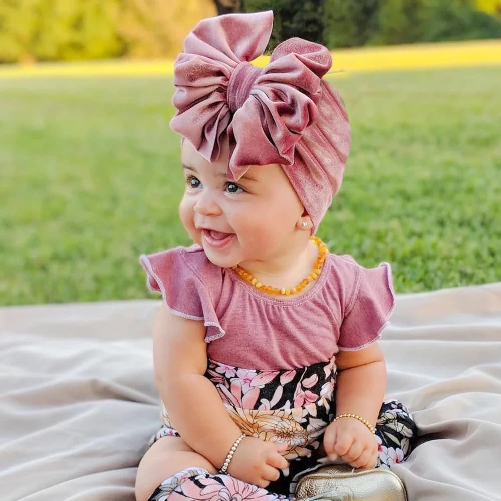 Large Bow Velvet Hat for Baby Head Warmer Newborn Big Bowknot Turban Hat Children Indian Hats Toddlers Pompom Bonnet Headwrap