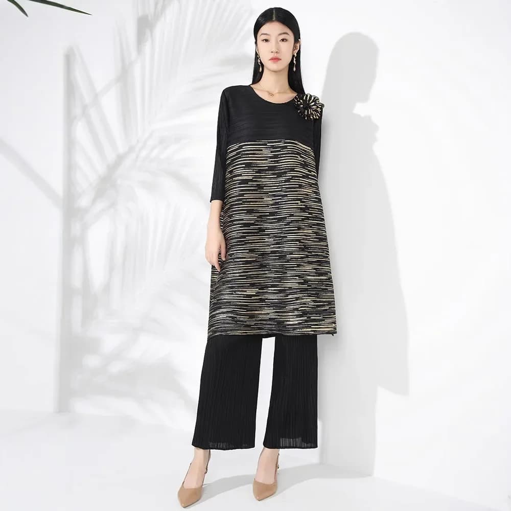 Miyake Pleated Suit Women's Autumn New High-end Bronzing Pleated Mid-length Top High-waisted Wide-leg Pants Two-piece Set