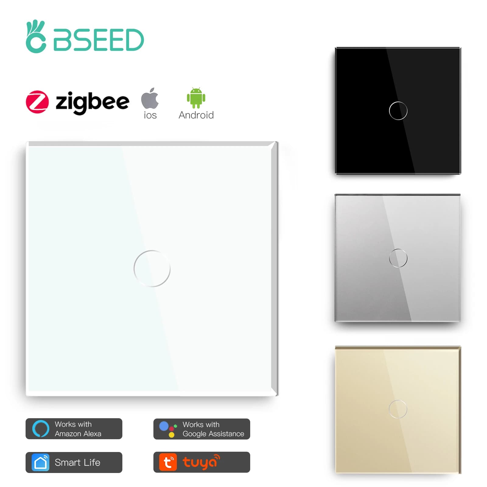 BSEED Zigbee Touch Switch Glass 1/2/3Gang Smart Light Switch Tuya Wireless Controller via Google Smart Life Alexa App No Neutral