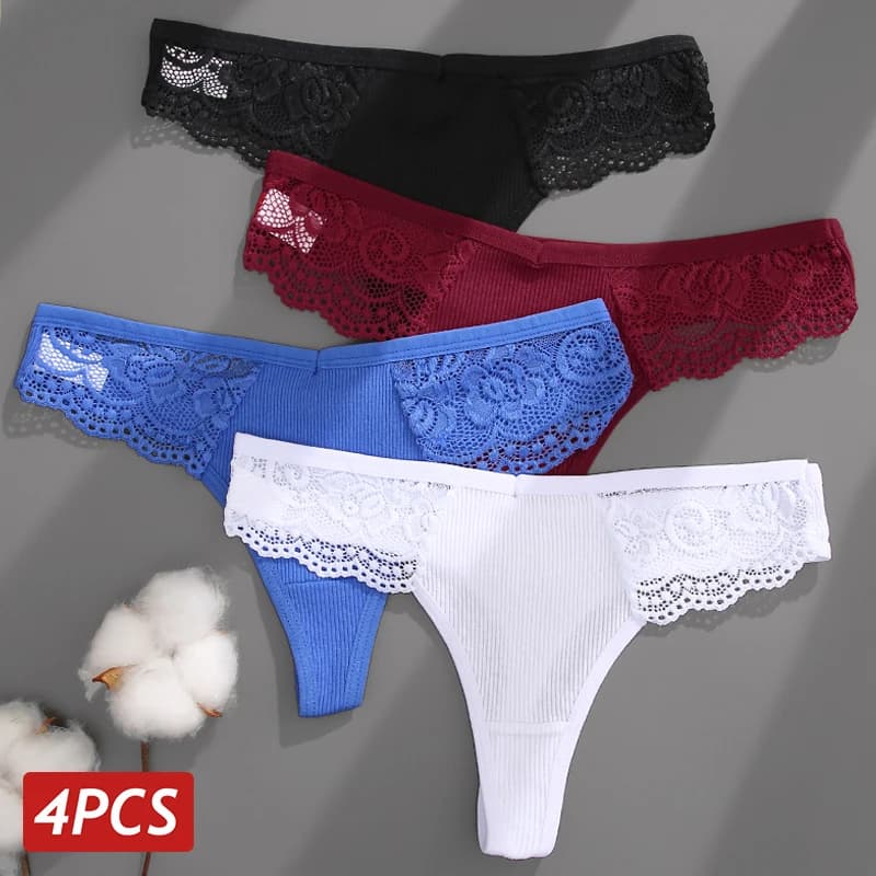 4PCS/Set Women Cotton Lace Panties Sexy V Waist Thongs Female Perspective Breathable Underwear Solid Color Intimates Lingerie