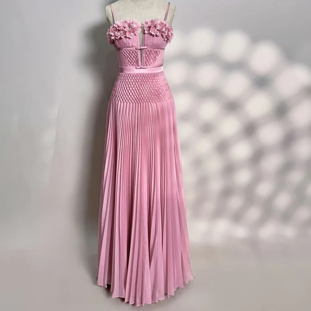Customized Customized Pink Chiffon 3D Flowers with Sparkly Crystal Pearls Evening Dress Modern V-Neck Spaghetti Straps A-Line Pa