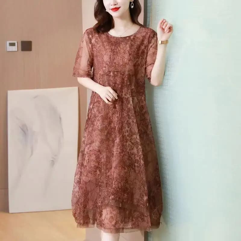 Fashion O-Neck Loose Gauze Spliced Printed Vintage Dresses Women's Clothing 2024 Summer New Oversized Office Lady Floral Dress