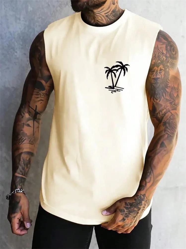Summer Casual Style Men's Vest Coconut Tree Logo Solid Color Sleeveless Fitness Top Men's Fashion Outdoor Fitness Vest Clothing