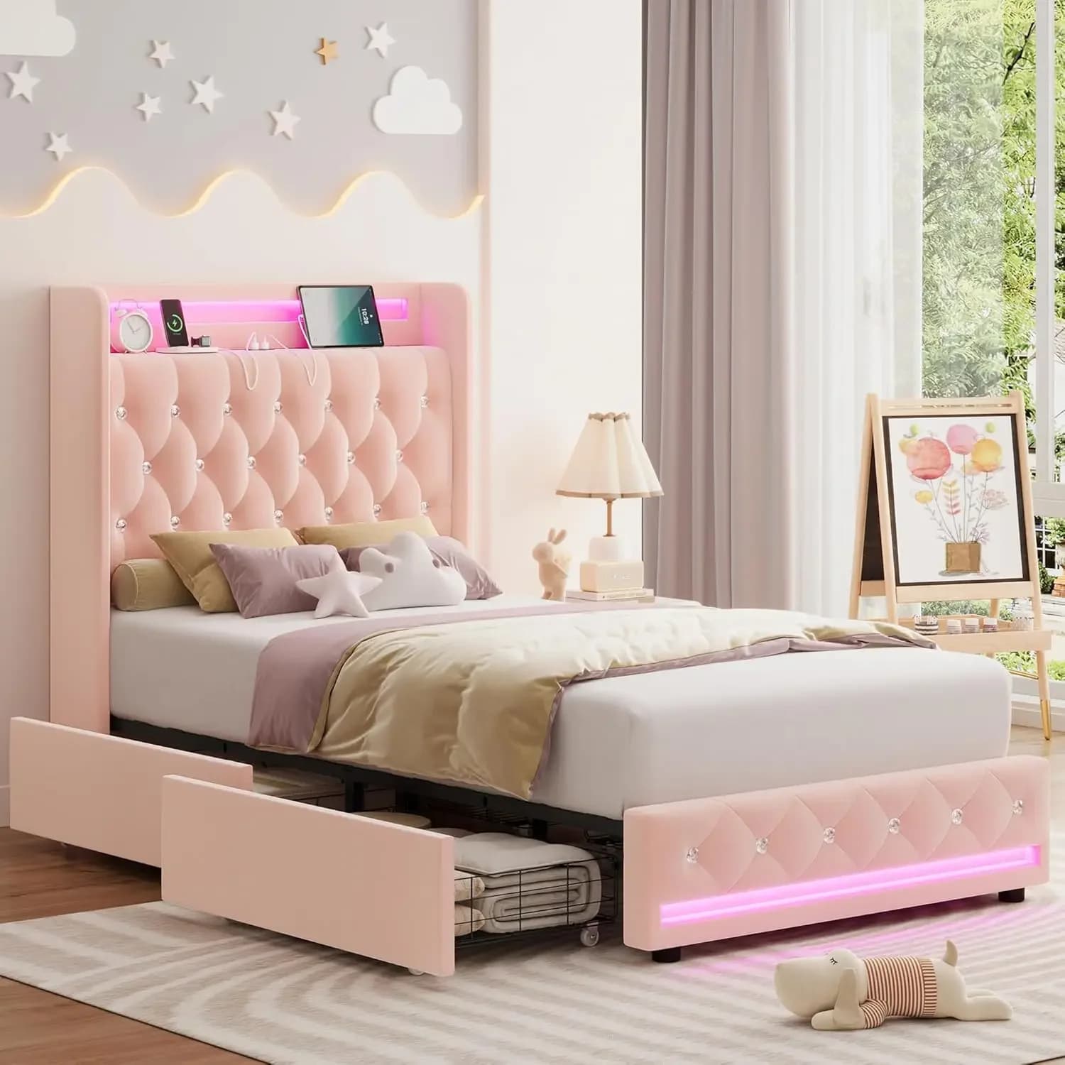 Twin LED Bed Frame with Charging Station Headboard & 4 Storage Drawers, Velvet Crystal Button-Tufted Princess
