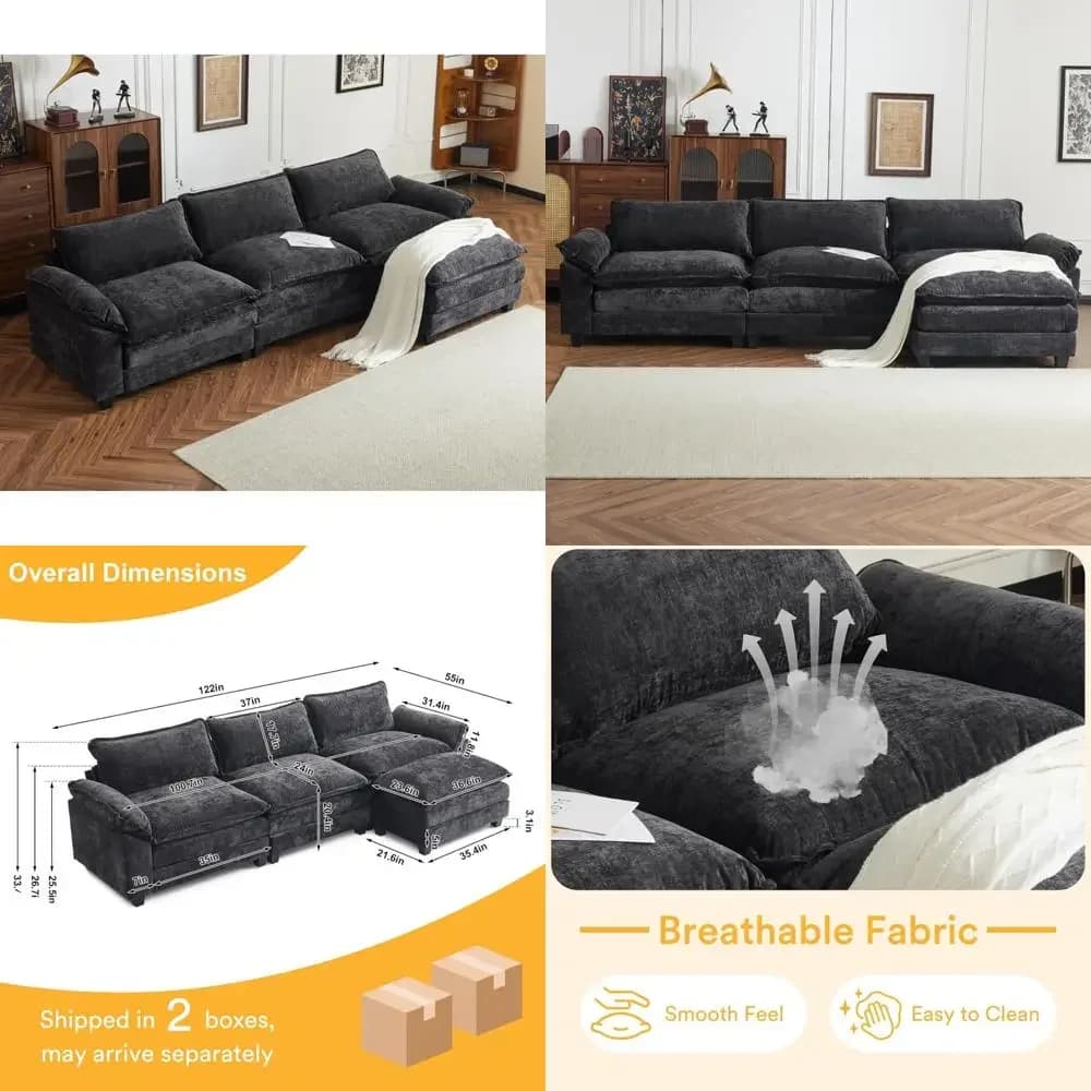 Modern L-Shaped 3-Seat Sectional Sofa with Ottoman, Chenille Upholstery for Living Room