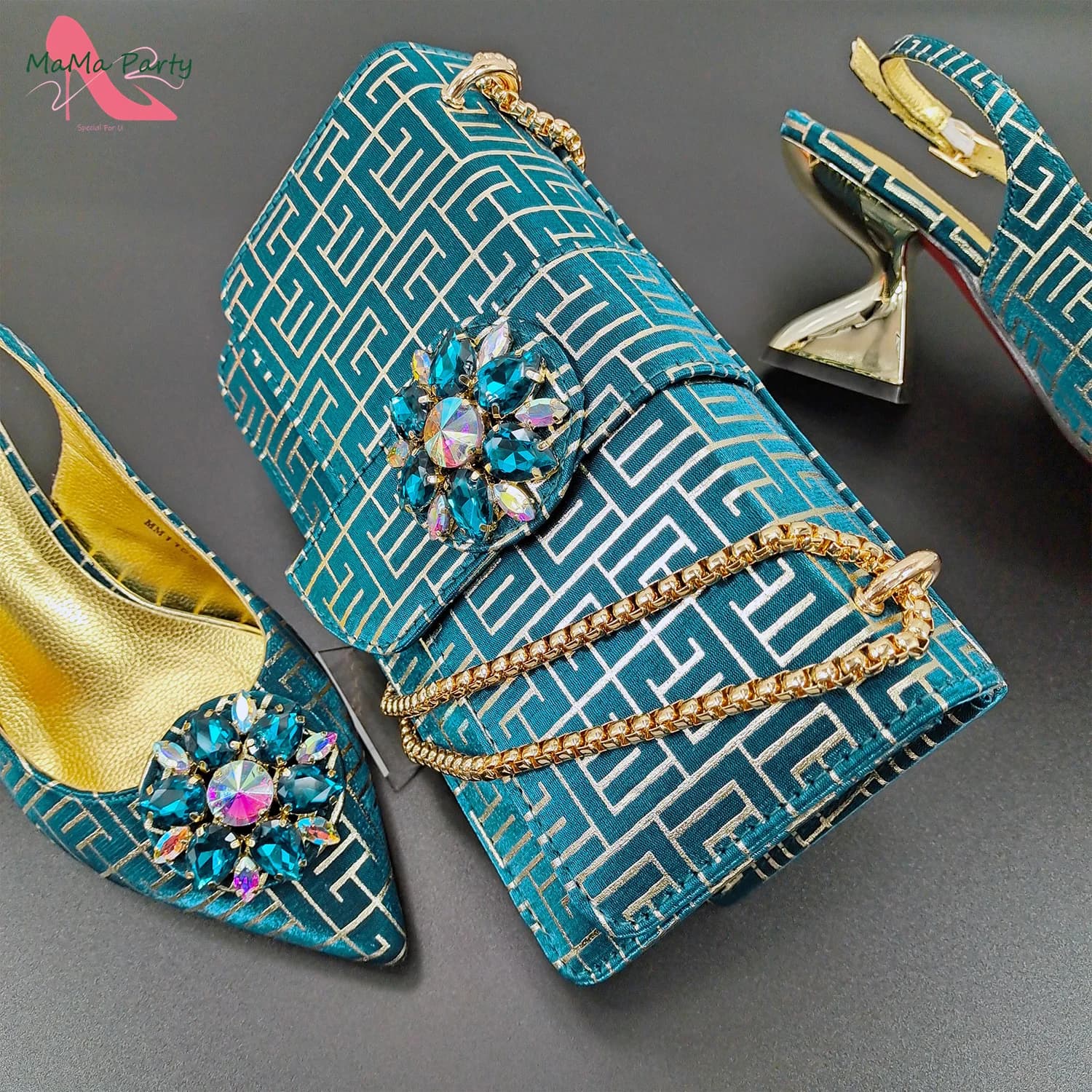 Teal Blue Color 2024 New Arrivals INS Hot Sale Italian Ladies Shoes and Bag to Match Mature Style Comfortable Heels For Wedding