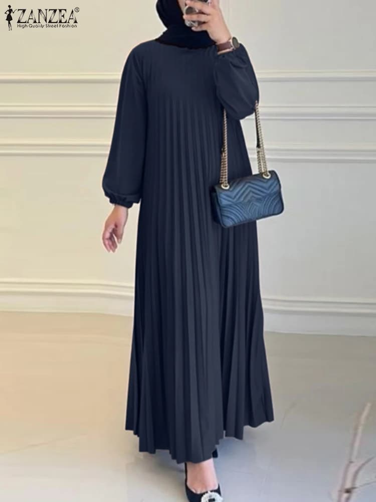 ZANZEA Islamic Hijab Women Abaya Robe Elegant Muslim Fashion O Neck Solid Pleated Dress Spring 2025 Casual Loose A-line Vestidos