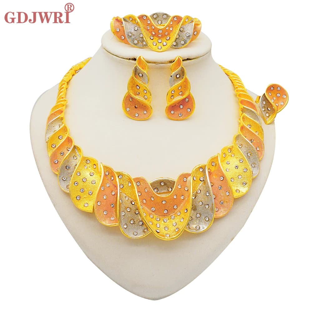 Dubai Color Color Jewelry Sets African Bridal Wife Gifts Wavy Shape Necklace Bracelet Earrings Ring Jewelery For Women Party