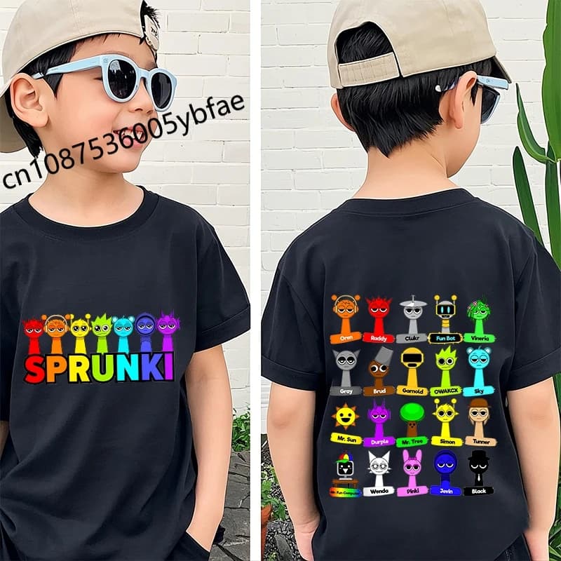 Cartoon Sprunki character printed kids T-shirt pure cotton short-sleeved black cartoon top for boys