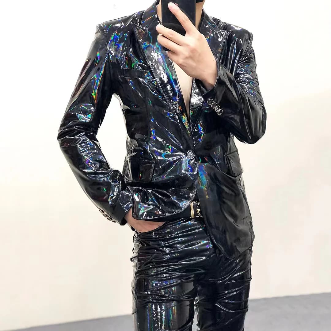 Bar Male Singer Black Shiny PU Leather Blazer Coat One Button Slim Soft Paint Leather Jacket Stage Performance Costume Plus Size
