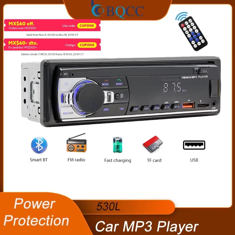 BQCC 530L 1 Din FM Car Radio BT TF AUX USB Fast Charging Time Disploay Car Stereo LED Remote Control MP3 Car Player