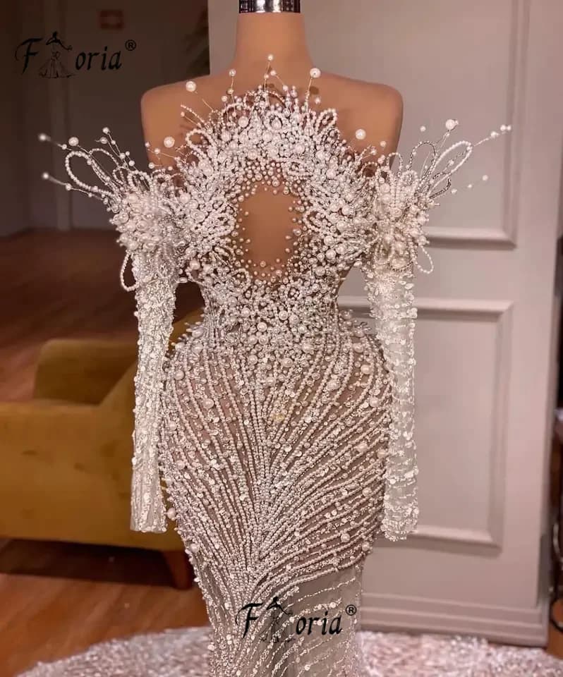 Gorgeous Full Pearls Mermaid Wedding Dresses 2024Beaded Dubai Sequins Lace Appliques 3D Bridal Dress Celebrity Robe De Mariee