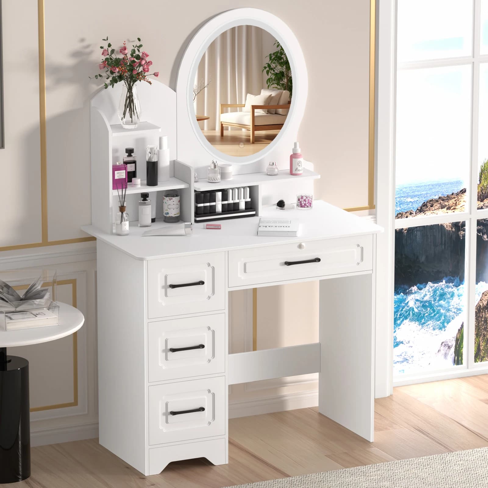 Large Makeup Vanity Desk with Mirror & Storage | 4 Drawers, Shelves & Built-in Light | Bedroom Beauty Station