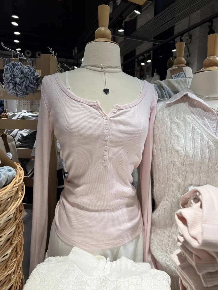 Six Buttons Ribbed Long Sleeve T-shirts Women Spring Round Neck Cotton Slim Tee Top Female Sweet Cute Pink Tshirt Y2k Tops New