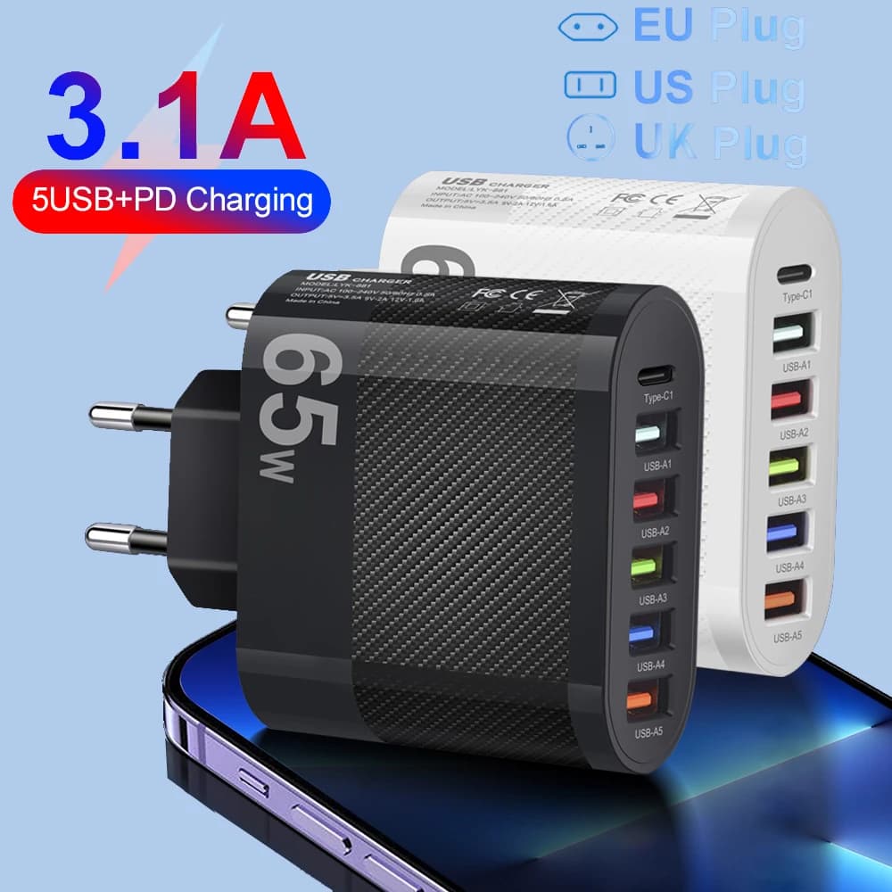 USB Charger 5-Port 3.1A Fast Charging Station, PD Wall Plug Adapter with Quick Charge QC 3.0 Compatible with iPhone 13, Xiaomi, Samsung Mobile Phones - Multi-Port USB Charging Hub