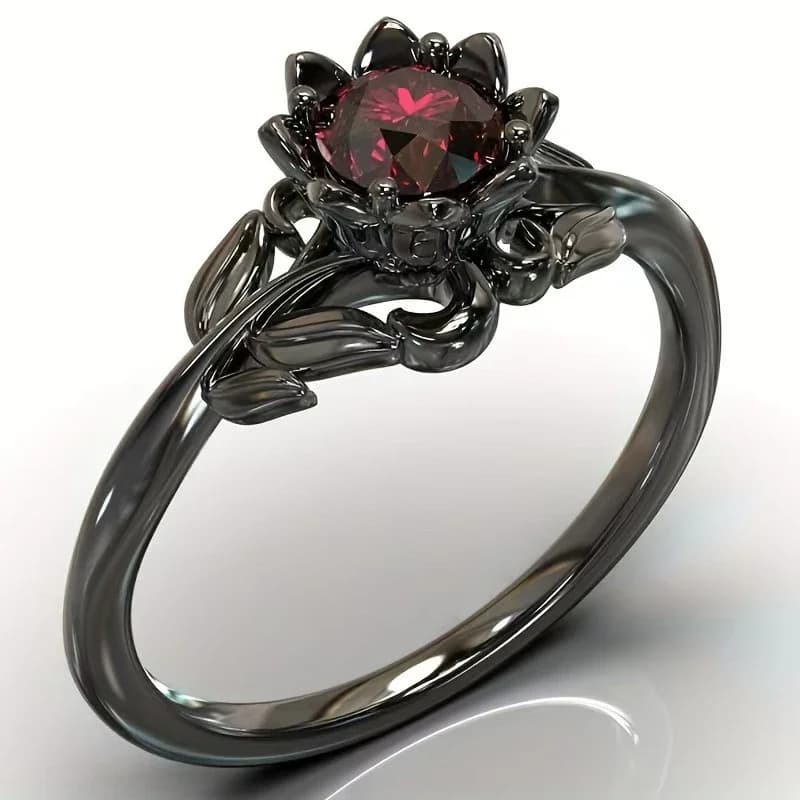 LATS Black Color Flower Red Stone Rings for Women Charm Jewelry Accessories Rose Ring Party Gift