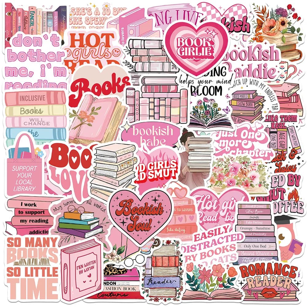 10/25/50pcs Pink Book Reading Graffiti Stickers for DIY Decor Stationery Suitcase Bottle Phone Laptop Skateboard Scrapbooking