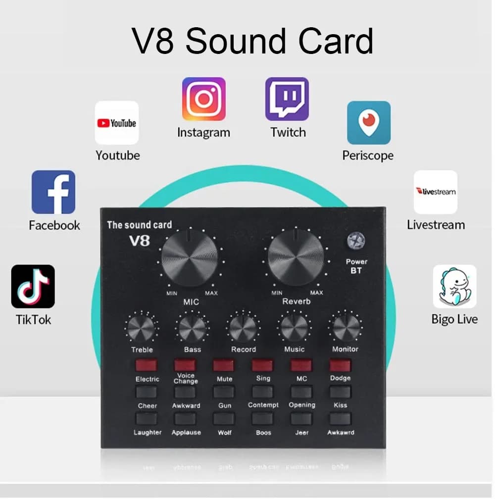V8 Sound Card Audio Mixer External Headset Microphone Webcast Personal Live Broadcast For Phone Computer Gaming Audio Recording