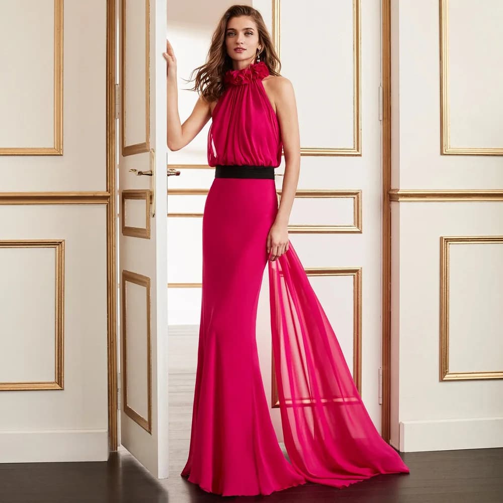 Rose Red Evening Dresses for Women 2023 High Collar 3D Flowers Evening Gowns Long Mermaid/Trumpet Black Belt Elegant Formal Gown