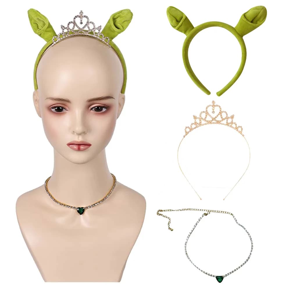 Fiona Crown Necklace Green Headband With Ear Cartoon Princess Cosplay Fantasy Costume Accessories Women Roleplay Fantasia Prop