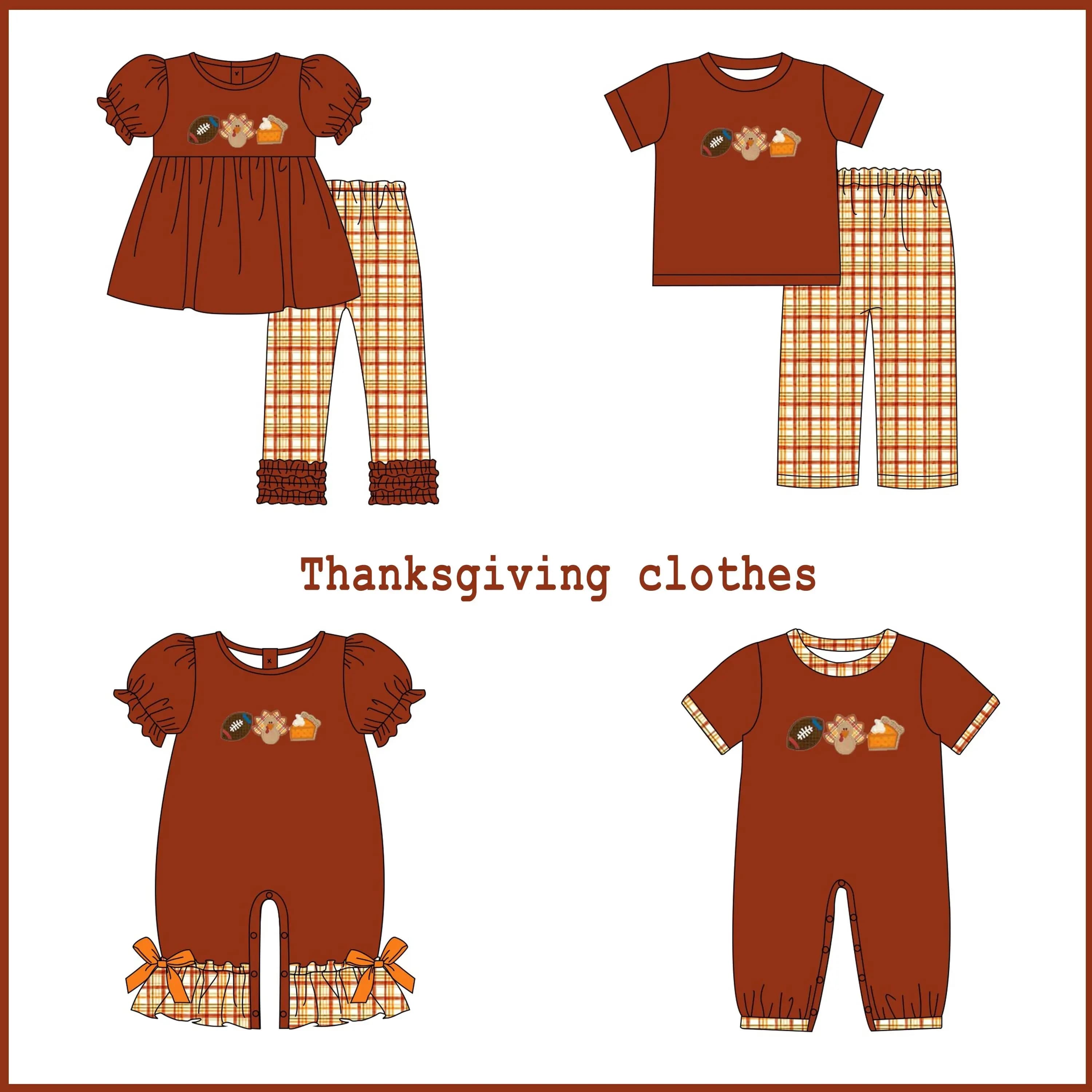 Hot Sale Summer Clothing Brown Short Sleeve Pants Set Turkey Cake Print Thanksgiving Matching Set Toddler Onesie wholesale
