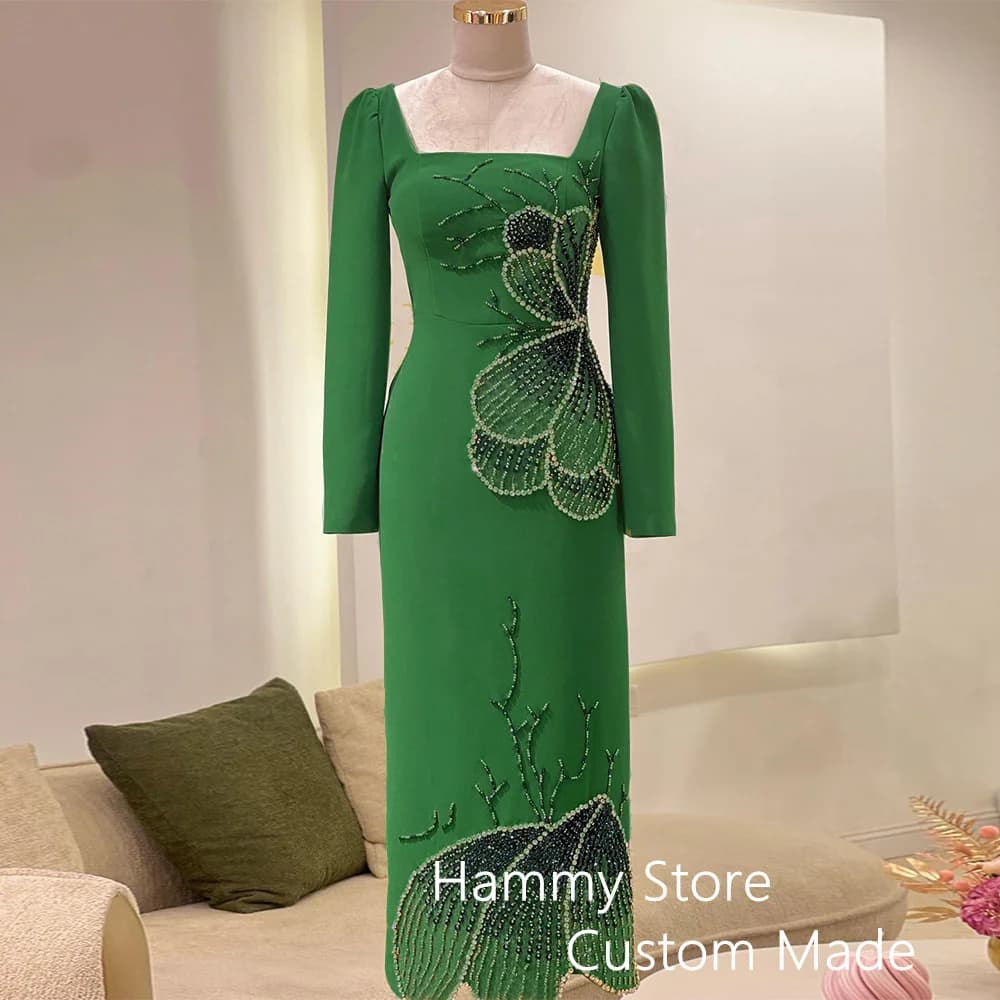 Luxury Evening Dress Customized Anke Length Square Neck Long Sleeve Sequined Straight Emerald Green Prom Gown Party Dresses