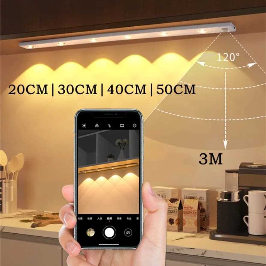 3Color Dimmable Motion Sensor LED Night Light USB Rechargeable Lamp for Kitchen Wardrobe Cabinet Lighting 20cm/30cm/40cm LEDs
