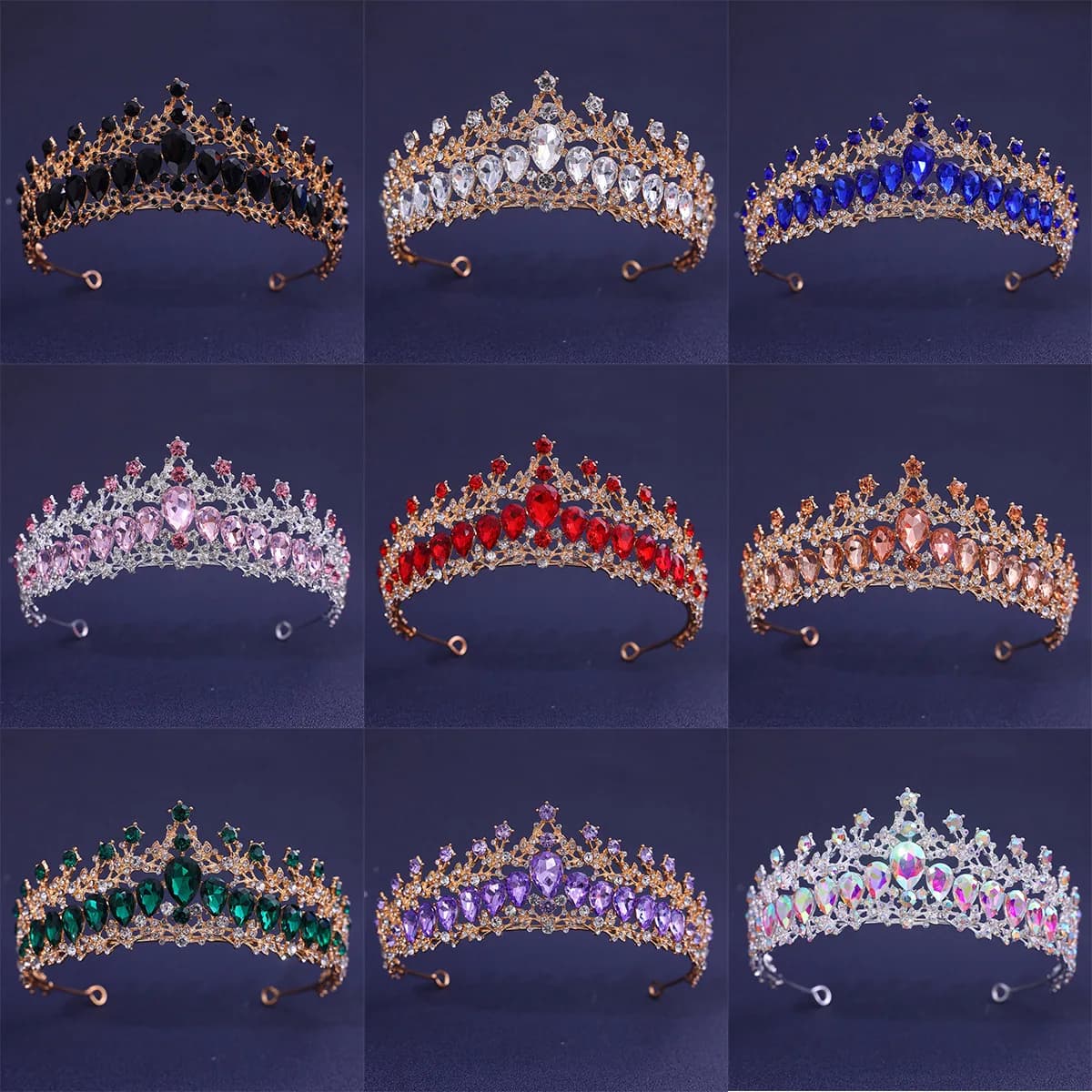 Baroque Red Green Blue Crystal Water Drop Tiara Crown Rhinestone Pageant Diadem Headpiece Bride Wedding & Prom Queen Crown