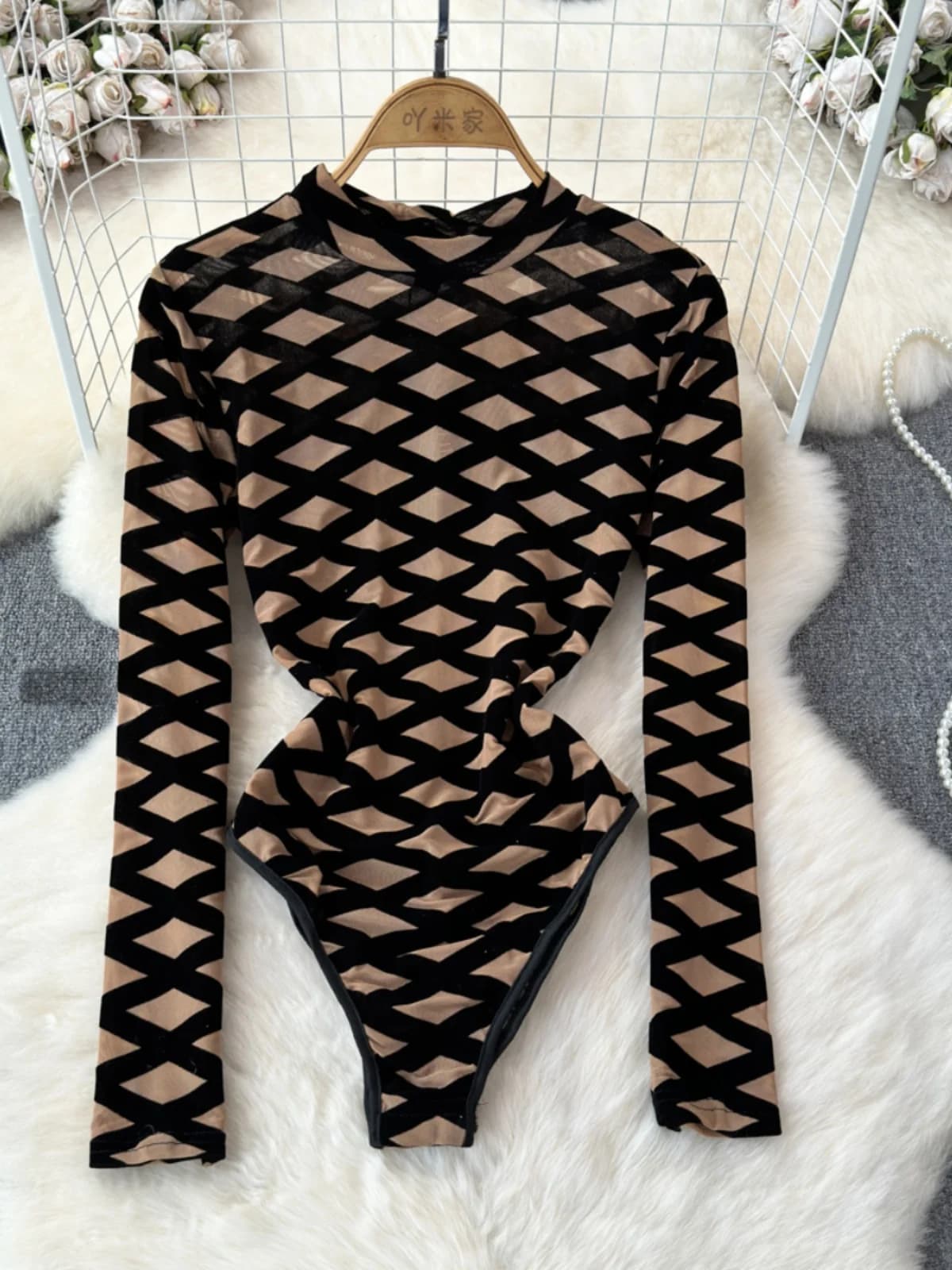 Foamlina Bodysuits Women Fashion Hollow Out Mesh Long Sleeve Stand Collar Plaid Pattern Slim Waist Bodycon Night Club Body Tops